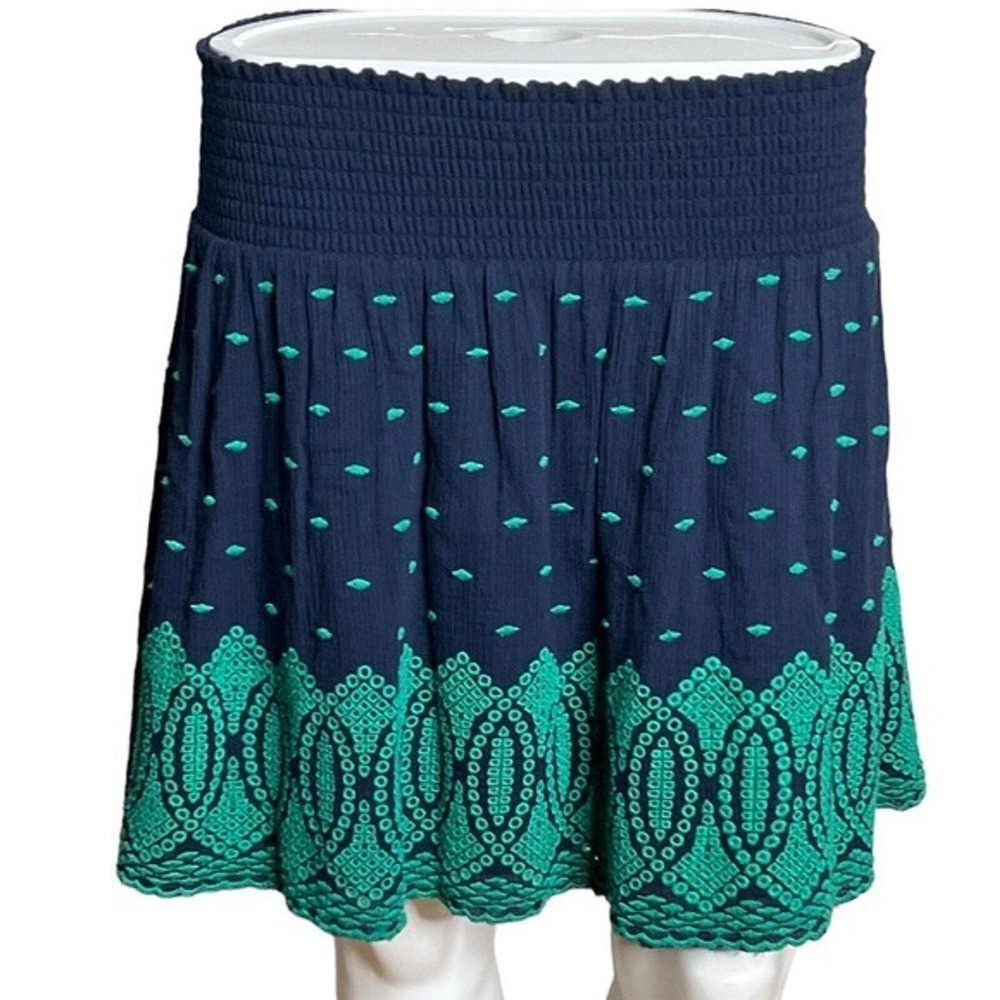 J. Crew Skirt Womens XS Mini Blue Green Embroidered Gauze Eyelet Beach Preppy